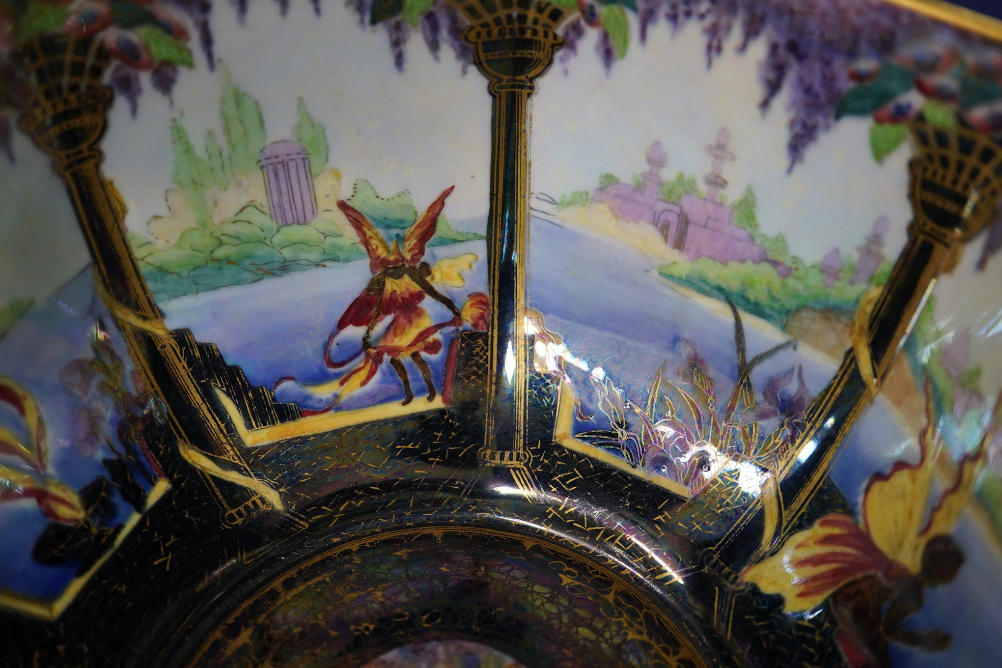 A Wedgwood fairyland lustre Moorish octagonal bowl, designed by Daisy Makeig Jones, 21cm wide. Condition – slight wear to gilding in the centre, otherwise in good condition with no restoration, chips or cracks detected
